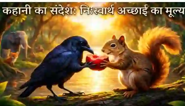 सूर्यास्त के समय गिलहरी झुमझुम और कौआ भोंडू एक साथ फल बांट रहे हैं, जो कथे के मुख्य संदेश "निःस्वार्थ अच्छाई" को दर्शाता है। (Jhumjhum the squirrel and Bhondu the crow sharing a fruit together at sunset, illustrating the moral of Unselfish Goodness.)