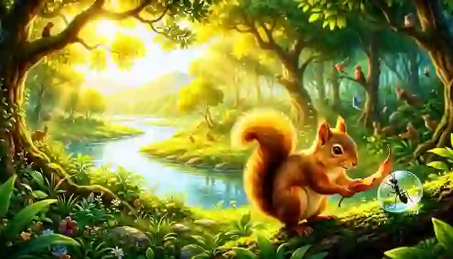 एक प्यारी गिलहरी सुंदरबन के चमकते जंगल में पानी की बूंद में फंसी चींटी की मदद कर रही है। (A cute squirrel saving a tiny ant trapped in a water droplet in a bright, sunny forest.)