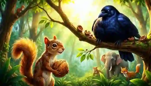 "एक बहुत मोटा कौआ लालच से बैठा है, जबकि एक दुबली-पतली गिलहरी झुमझुम अपनी निःस्वार्थ अच्छाई के कारण तेज धूप में अखरोट जमा कर रही है; पृष्ठभूमि में हाथी और लोमड़ी उसे चिंता से देख रहे हैं।" ("A greedy, obese crow sits idly while a thin squirrel, Jhumjhum, continues to collect nuts under the hot sun driven by her Unselfish Goodness, as an elephant and a fox watch with concern.")