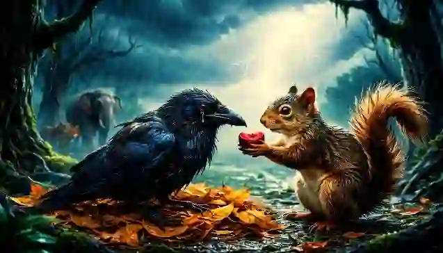 तूफ़ान की रात में गिलहरी झुमझुम अपनी निःस्वार्थ अच्छाई दिखाते हुए रोते हुए कौवे भोंडू की मदद कर रही है। (Jhumjhum the squirrel helping a crying, injured crow during a dark stormy night, showcasing her Unselfish Goodness.)