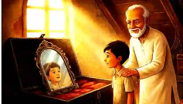 दादाजी अपने पोते आरव को पुरानी पेटी में रखा आईना दिखाते हुए, जो यह दर्शाता है कि अच्छे संस्कार ही जीवन की असली पूंजी हैं। (A cinematic illustration of a grandfather standing in a sunlit attic, showing a mirror inside an antique chest to his grandson, symbolizing that the boy's Sanskar is the real wealth.)
