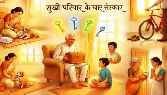 एक भारतीय परिवार का दृश्य जो संस्कारों की चार चाबियों को दर्शाता है: प्रेम (पिल्ले की सेवा), त्याग (पिता का बलिदान), सम्मान (बुजुर्ग का आदर) और नैतिकता (ईमानदारी)। (A multi-generational Indian family illustration showcasing four core values: Love (mother healing a puppy), Sacrifice (father’s bicycle gift), Respect (grandmother offering water), and Integrity (Arav returning money) with four glowing keys.)