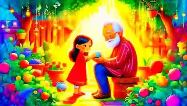 रंग-बिरंगे बगीचे में छोटी प्रिया अपने दादाजी को प्यार से पानी देती हुई—आदर और जिम्मेदारी की सुंदर सीख दर्शाता हुआ दृश्य।