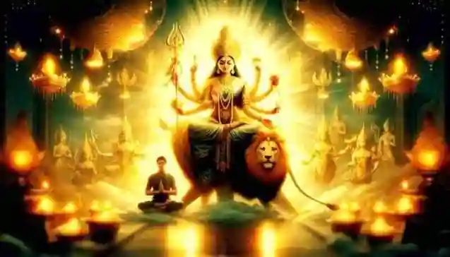 माँ दुर्गा का दिव्य स्वरूप — सिंह पर आरूढ़ देवी, भक्त को आशीर्वाद देती हुई, अर्गला स्तोत्र के आध्यात्मिक भाव का प्रतीक।