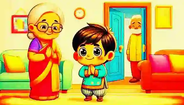 एक छोटा बच्चा नम्रता से हाथ जोड़कर नमस्कार करता हुआ, सामने खड़ी दादी मुस्कुराते हुए, पीछे दरवाज़े पर दादाजी खुश होकर देखते हुए। रंगीन और गर्म पारिवारिक वातावरण।