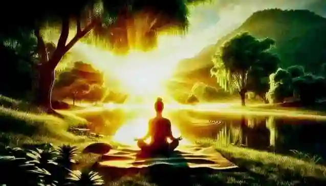 ध्यान करते हुए व्यक्ति, शांत झील के किनारे प्रकृति में — Meditation near a peaceful lake surrounded by nature.