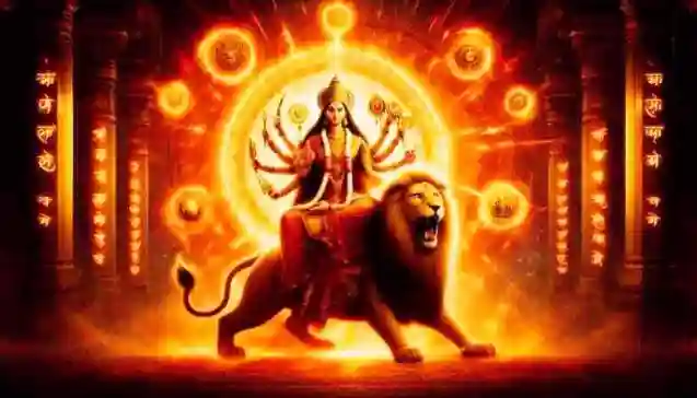 माँ दुर्गा सिंह पर विराजमान, दिव्य आभा और तेजस्वी कवच से युक्त — दुर्गा कवच का प्रतीक।