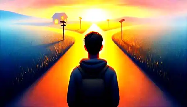 सूर्योदय के क्रॉसरोड पर खड़ा एक व्यक्ति, दो अलग होते रास्ते — नैतिक द्वंद्व दर्शाते हुए। (Person standing at a sunrise crossroads with two diverging paths, symbolizing a moral dilemma)