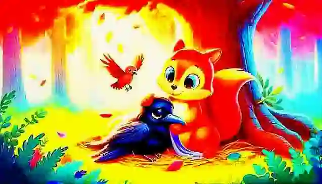 रंग-बिरंगे जंगल में पेड़ तले गिलहरी झुमझुम घायल काले कौए भोंडू की कोमल देखभाल करती हुई — निःस्वार्थ अच्छाई दिखाता चित्र।