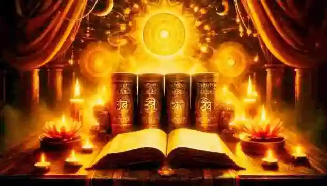 एक दिव्य आध्यात्मिक वातावरण में मोमबत्तियों और कमल के फूलों से घिरे प्राचीन वेदों (वेद) की पांडुलिपियाँ। (Ancient Vedas (वेद) manuscripts surrounded by candles and lotus flowers in a divine spiritual setting.)