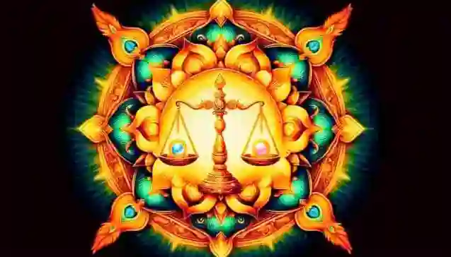 एक आध्यात्मिक मंडल डिजाइन जिसमें धर्म के तराज़ू के दोनों पलड़ों पर प्रकाश के गोल प्रतीक रखे हैं, जो सत्य और नैतिक द्विधा का संतुलन दर्शाते हैं।