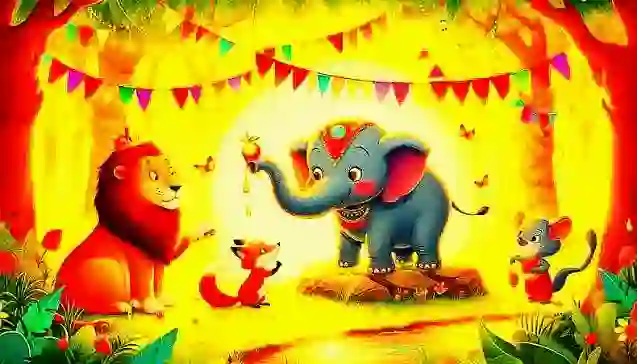 जंगल के उत्सव का चित्र, जिसमें गज्जू हाथी सूंड में फल पकड़े है। राजा शेर, चतुर लोमड़ी और चिंतित बंदर गज्जू की ओर देख रहे हैं। यह प्रामाणिक होने की शिक्षा देने वाली सत्य की कहानी है।