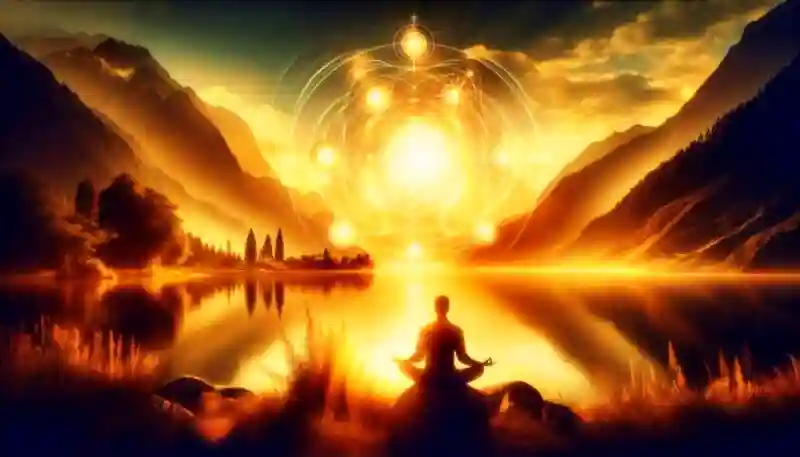 सूर्य की दिव्य आभा में ध्यानमग्न व्यक्ति – शांति, संतुलन और आत्मबल का प्रतीक दृश्य