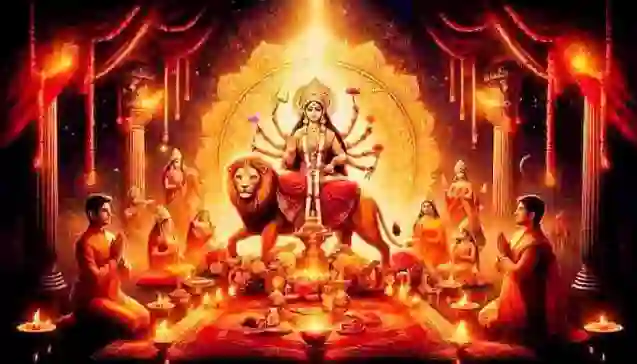 माँ दुर्गा का दिव्य स्वरूप, सिंह पर आरूढ़, भक्तजन श्रीदुर्गासप्तशती पाठ और पूजा करते हुए (Maa Durga seated on a lion with devotees performing Durga Saptashati path and rituals)