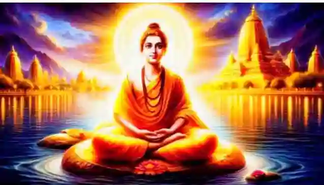 श्रीपाद श्रीवल्लभ ध्यानमग्न मुद्रा में, पवित्र आभा और दिव्य मंदिर पृष्ठभूमि - Shripad Shri Vallabh in meditation posture with divine aura and temple background