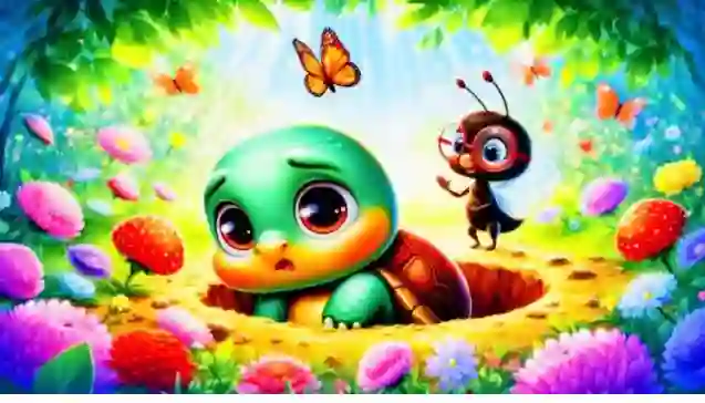 खड्डे में फँसे छोटू कछुआ और उसे समाधान का रास्ता दिखाती चींटी का प्यारा दृश्य — सोचने की शक्ति और समस्या समाधान कहानी का चित्र।