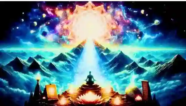 ध्यानस्थ साधक के रूप में ‘स्वयं’ की जागृति का प्रतीकात्मक चित्र, जो ब्रह्मांडीय ऊर्जा से जुड़ाव दर्शाता है।