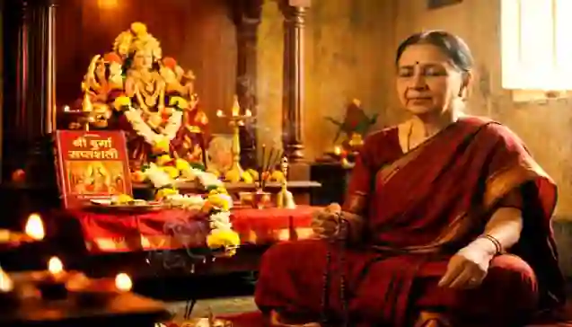 माला के साथ मंत्र जाप करते हुए एक भक्त का चित्रण, जो श्री दुर्गा सप्तशती के पवित्र अनुष्ठान को दर्शाता है। (Illustration of a devotee performing Mantra Jaap with a rosary, representing the sacred rituals of Shri Durga Saptashati.)