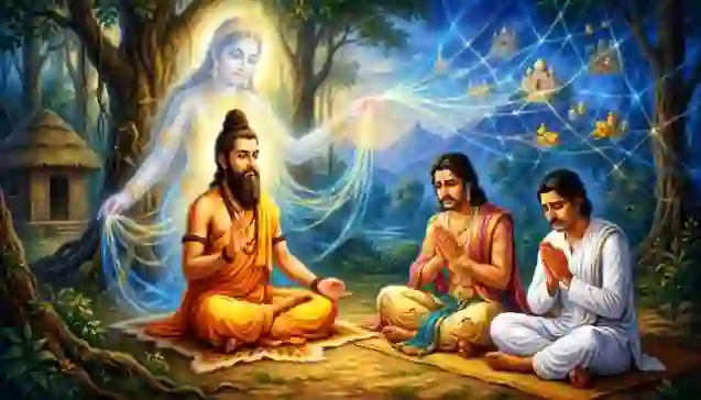 मेधा ऋषि के आश्रम में राजा सुरथ और समाधि वैश्य को उपदेश देते हुए, जहाँ पृष्ठभूमि में महामाया का मोह-जाल दिखाई दे रहा है। (Sage Medha in his ashram explaining the cosmic web of Goddess Mahamaya to King Surath and Samadhi Vaishya.)