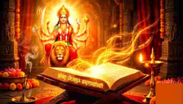 शेर पर बैठीं माँ दुर्गा और पास में खुले हुए श्री दुर्गा सप्तशती ग्रंथ से निकलते सुनहरे सिद्ध संपुट मंत्र। (Goddess Durga seated on a lion, with glowing Siddha Samput Mantras rising from an open Shri Durga Saptashati scripture nearby.)