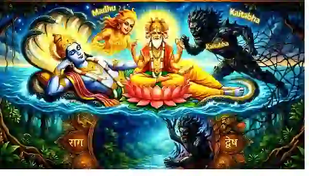 एक पौराणिक चित्र जिसमें भगवान विष्णु के कान के मैल से उत्पन्न असुर 'मधु' (राग) और 'कैटभ' (द्वेष) को ब्रह्मा जी पर आक्रमण करते हुए दिखाया गया है, जो 'श्री दुर्गा सप्तशती प्रथम अध्याय' का प्रसंग है। (A mystical painting from 'Shree Durga Saptashati Pratham Adhyaya' depicting the demons 'Madhu' (Raga/Attachment) and 'Kaitabha' (Dvesha/Hatred) emerging from Lord Vishnu's ear to attack Brahma.)