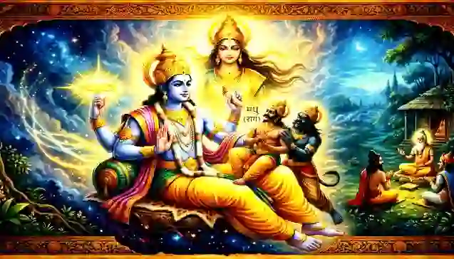 एक पौराणिक चित्र जिसमें भगवान विष्णु को अपनी जंघा पर असुरों 'मधु' (राग) और 'कैटभ' (द्वेष) का वध करते हुए दिखाया गया है, जो 'श्री दुर्गा सप्तशती प्रथम अध्याय' का अंतिम प्रसंग है। (A mystical painting from 'Shree Durga Saptashati Pratham Adhyaya' depicting Lord Vishnu slaying the demons 'Madhu' (Raga/Attachment) and 'Kaitabha' (Dvesha/Hatred) on his thigh.)