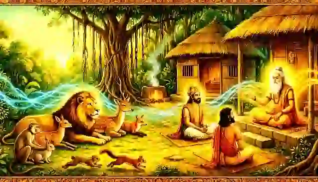 एक भारतीय पौराणिक चित्र जिसमें 'श्री दुर्गा सप्तशती प्रथम अध्याय' के मेधा ऋषि अपने आश्रम में राजा सुरथ और समाधि वैश्य को उपदेश दे रहे हैं, और उनके चारों ओर हिंसक जीव भी शांत बैठे हैं। (A classical Indian painting showing Sage Medha from 'Shree Durga Saptashati Pratham Adhyaya' in his ashram, teaching King Surath and Samadhi Vaishya, with wild animals sitting peacefully around them.)