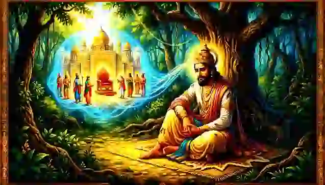 एक भारतीय पौराणिक चित्र जिसमें 'श्री दुर्गा सप्तशती प्रथम अध्याय' के राजा सुरथ वन में बैठे हैं और उनके मन में खोए हुए राज्य की यादें एक मायावी छवि के रूप में तैर रही हैं। (A classical Indian painting depicting King Surath from 'Shree Durga Saptashati Pratham Adhyaya' sitting in a forest, with a mental vision of his lost palace floating in the air.)