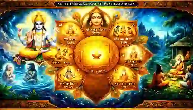 'श्री दुर्गा सप्तशती प्रथम अध्याय' के मुख्य आध्यात्मिक पाठों (जैसे विवेक, त्याग, खोज) को दर्शाने वाला एक दिव्य चार्ट। (A spiritual map depicting key life lessons like detachment and wisdom from 'Shree Durga Saptashati Pratham Adhyaya'.)