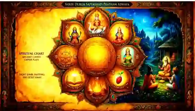 मेधा ऋषि द्वारा राजा सुरथ और समाधि वैश्य को 'श्री दुर्गा सप्तशती प्रथम अध्याय' के आठ अंगों और शास्त्रीय संरचना का ज्ञान देते हुए एक आध्यात्मिक चित्र। (A spiritual illustration showing Sage Medha explaining the eight limbs and scriptural structure of 'Shree Durga Saptashati Pratham Adhyaya' to King Surath and Samadhi Vaishya.)