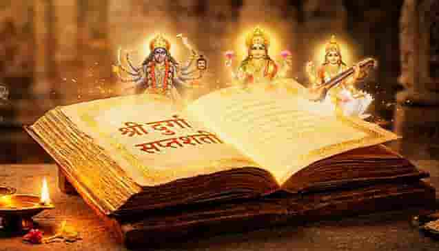 दिव्य प्रकाश में श्री दुर्गा सप्तशती ग्रंथ और देवी त्रिमूर्ति I (Sacred Shri Durga Saptashati scripture with divine goddesses.)