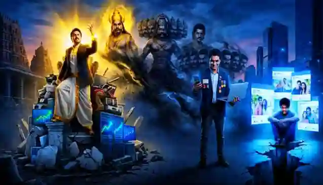 एक डिजिटल आर्टवर्क जिसमें तकनीक के सिंहासन पर बैठे एक शक्तिशाली व्यक्ति और सोशल मीडिया से घिरे आधुनिक मानव को दिखाया गया है, जबकि पृष्ठभूमि में हिरण्यकश्यप, रावण और दुर्योधन की परछाइयां मंडरा रही हैं। (A digital artwork contrasting a powerful figure on a tech throne with a modern man surrounded by social media screens, while the shadows of Hiranyakashyap, Ravana, and Duryodhana loom in the background.)