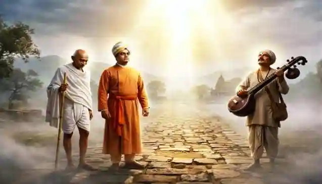 महात्मा गांधी, स्वामी विवेकानंद और संत तुकाराम का एक साथ ईश्वरीय प्रकाश में 'समर्पण'। (Mahatma Gandhi, Swami Vivekananda, and Saint Tukaram standing in divine light, symbolizing 'Samarpan'.)