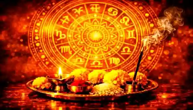 प्रज्वलित दीपक, धूप और पुष्पों से सजी पूजा थाली के साथ दिव्य राशि चक्र - दैनिक राशिफल