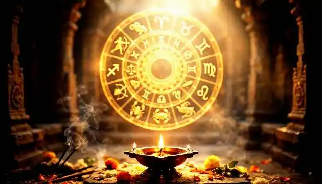 मंदिर के दिव्य वातावरण में जलता पीतल का दीपक और चमकता राशि चक्र - साप्ताहिक राशिफल (Lit brass diya and glowing golden zodiac wheel in a sacred temple for Saptahik Rashifal)